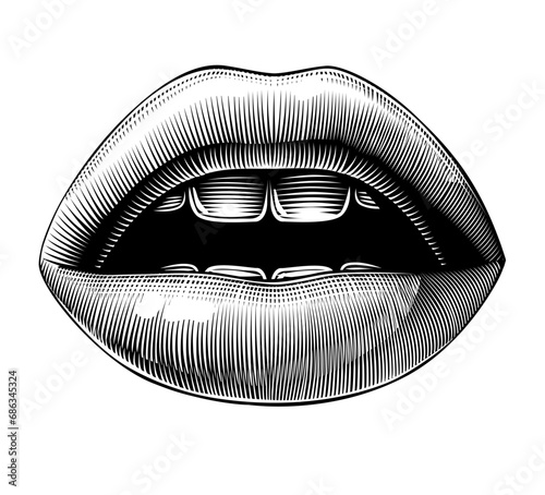 Open female sexy mouth isolated on white. Vintage engraving stylized drawing. Vector illustration photo