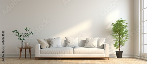 a room with a white sofa and large window