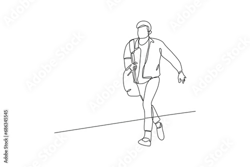 Man runnung g to office because late wake up. Daily activity minimalist concept. Vector, single continuous line.