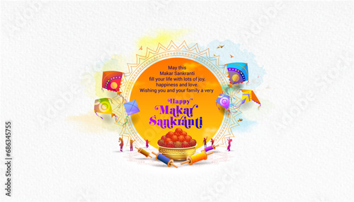 Poster of Makar Sankranti festival. Indian hindu traditional festival of kites flying.