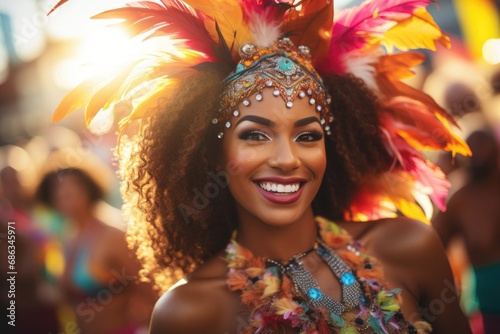 A smiling woman in a colorful feathered headdress and necklace at a carnival photo