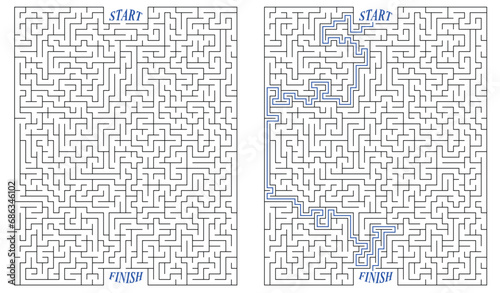 Huge labyrinth of high complexity with solution. Black and white complex maze with very high level of difficulty. Nice brainstorm puzzle for clever pupils or students
