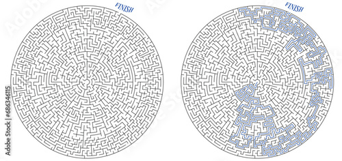 Large round complex labirinth. Vector circular maze. Difficult education puzzle with task to search exit or find the way to center of maze. Solution included photo