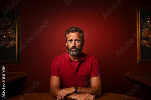 upset guilty man sitting at table on valentine's day, on red background photo