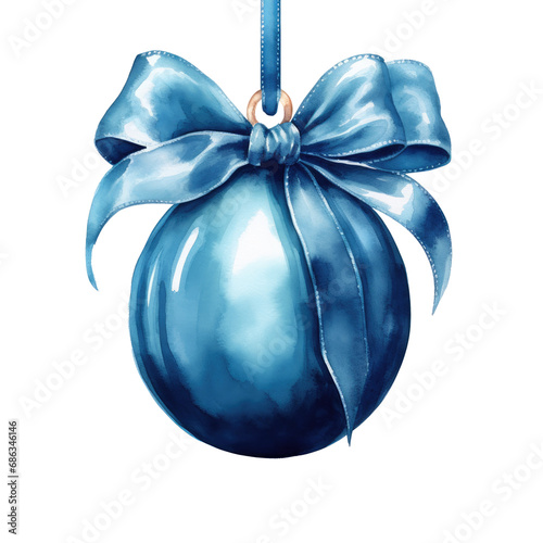 blue watercolor Christmas ball with ribbon and a bow, isolated on background. Generative AI.