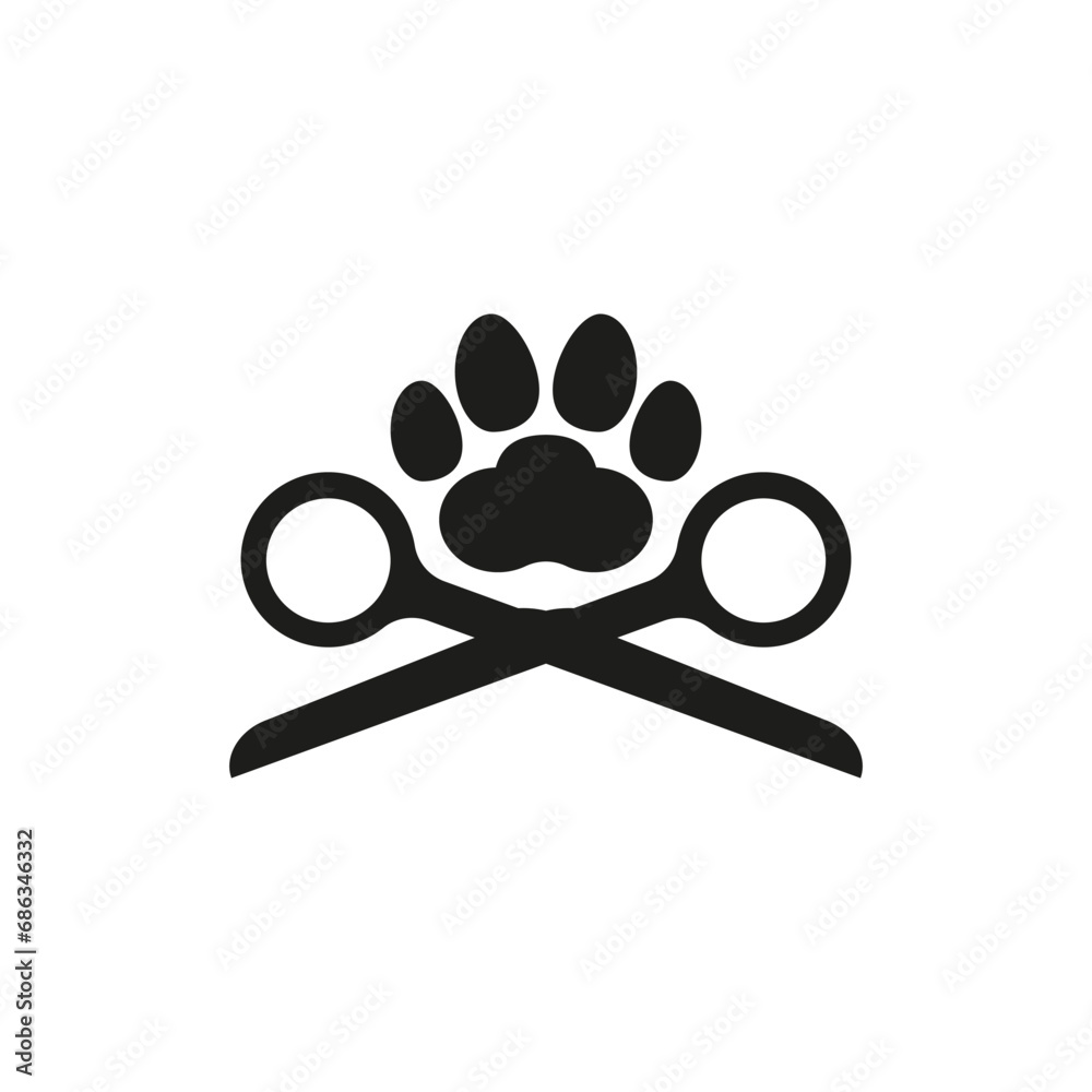Dog and cat grooming logo design template. Scissors and paw print