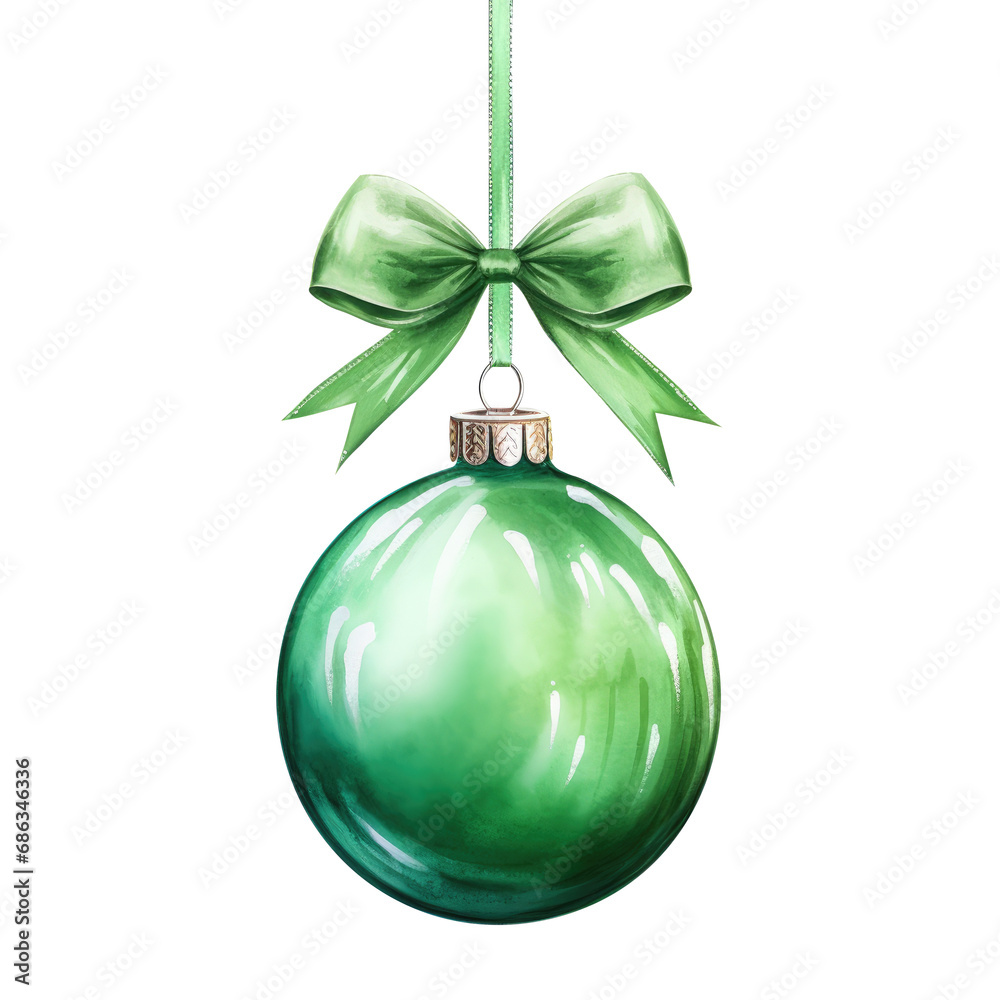 green watercolor Christmas ball with ribbon and a bow, isolated on background. Generative AI. green watercolor Christmas ball with ribbon and a bow, isolated on background. Generative AI.