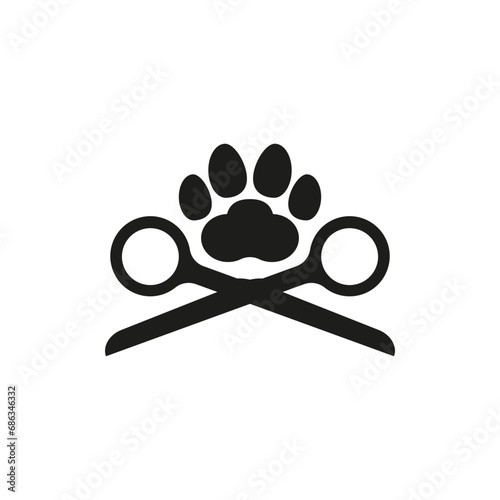 Dog and cat grooming logo design template. Scissors and paw print. Vector illustration.