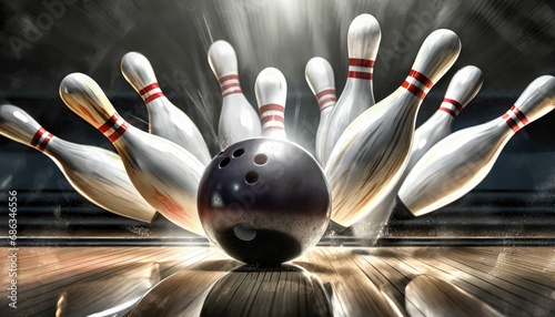 Bowling ball knocking down pins