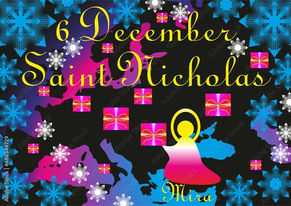 Bishop Saint Nicholas, parcels and gifts with bows, snowflakes, map of Europe and inscription: 6 December Saint Nicholas from Mira - illustration, abstract composition with pink neon color. Bishop Saint Nicholas, parcels and gifts with bows, snowflakes, map of Europe and inscription: 6 December Saint Nicholas from Mira - illustration, abstract composition with pink neon color.