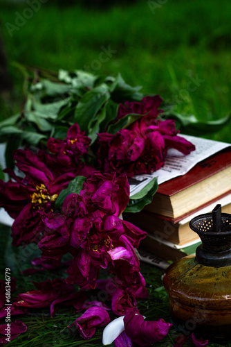 Vertical colorful garden composition, peony petals, oil lamp and books in the garden with selective focus on a sunny day.