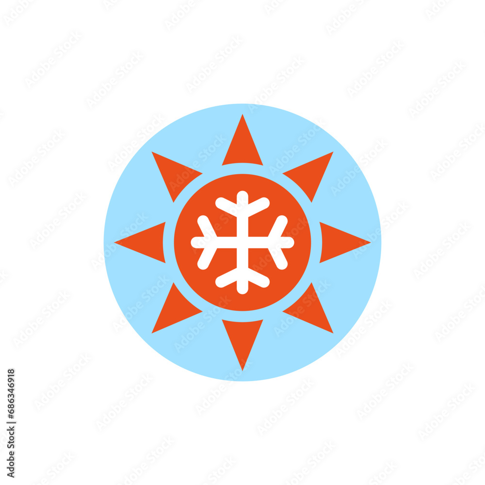 Symbol of any season. All-season sign. Sun and snowflake icon together and inside. Winter, summer and and all weather. 