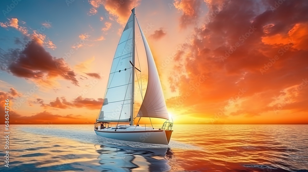 Aerodynamic harmony sailboat against the background of the sunset sky - obrazy, fototapety, plakaty 
