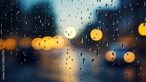 Through the glass, rain drops on the window with a reflection of street lights