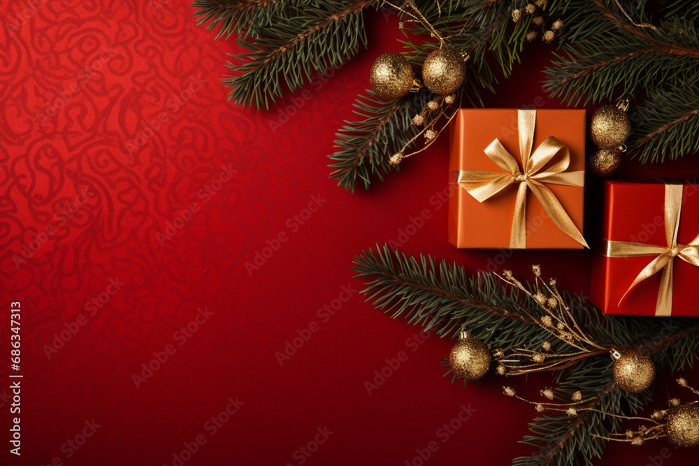 red background and christmas gifts with ornament balls red background and christmas gifts with ornament balls