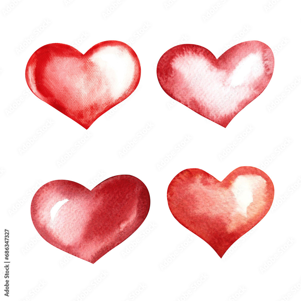 a set of red watercolor hearts, an element for your design. Watercolor illustration, hand-drawn. For Valentine's Day and wedding. For postcards, prints and packaging. For flyers, banners, posters.
