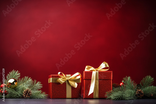 red background and christmas gifts with ornament balls