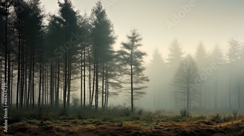 Forest in the fog silhouettes of trees in a forest, immersed in a thick fog