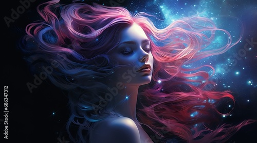 Galactic portrait of a female portrait with galactic hair