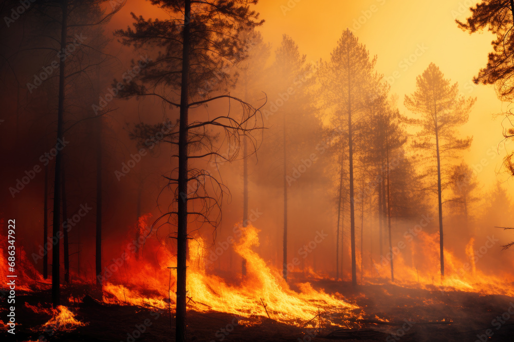 Wildfire raging through a forest. Concept of natural disasters. Wildfire raging through a forest. Concept of natural disasters.