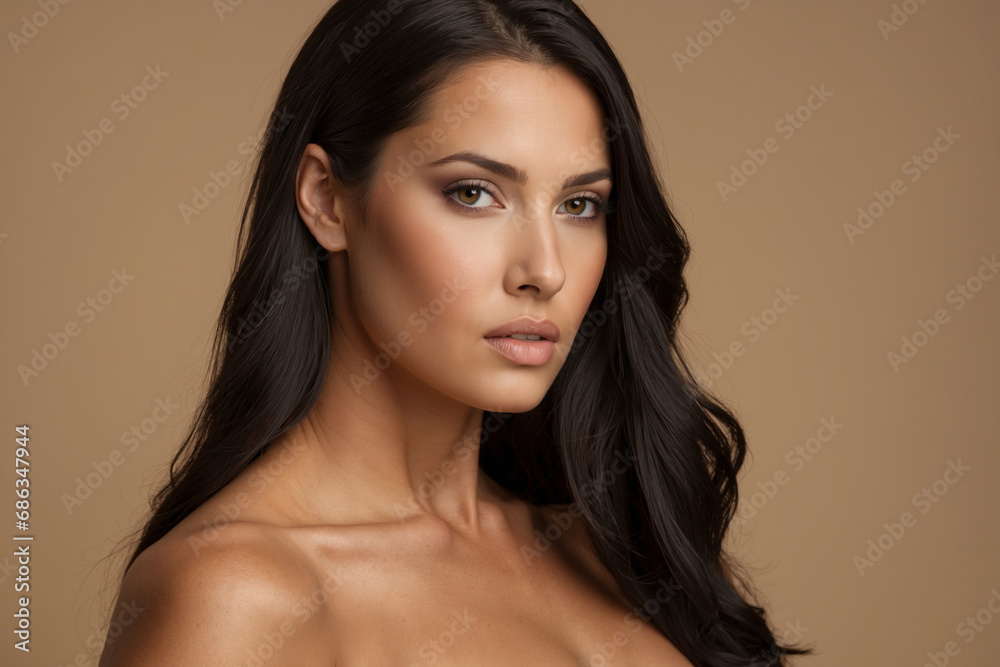 A Beautiful Woman with Black Hair On A Tan Background A Beautiful Woman with Black Hair On A Tan Background