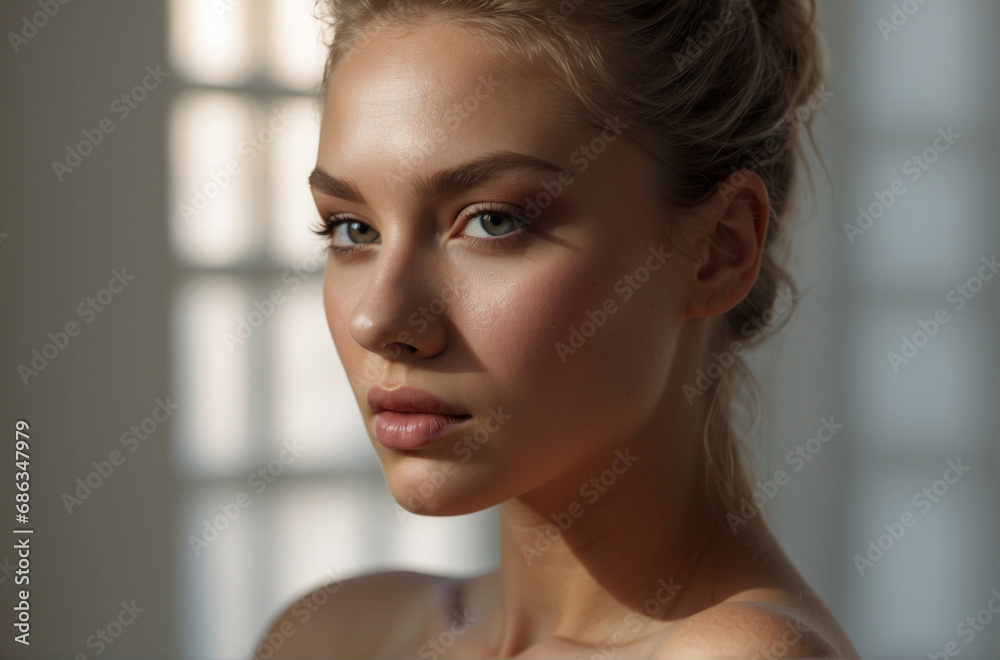 Naklejka premium A Beautiful Woman with Blonde Hair On A Shadow Gray Background