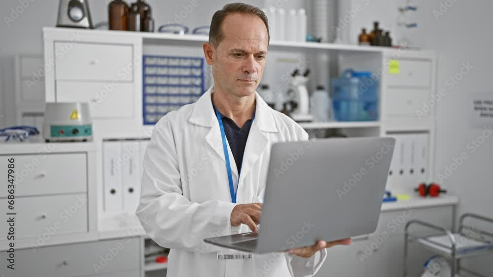 Serious middle age man, a devoted scientist engrossed in groundbreaking research using tech-savvy laptop, engrossed in a medical experiment at the bustling lab. Serious middle age man, a devoted scientist engrossed in groundbreaking research using tech-savvy laptop, engrossed in a medical experiment at the bustling lab.