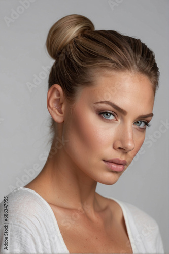 A Beautiful Woman with Blonde Hair On A Light Gray Background