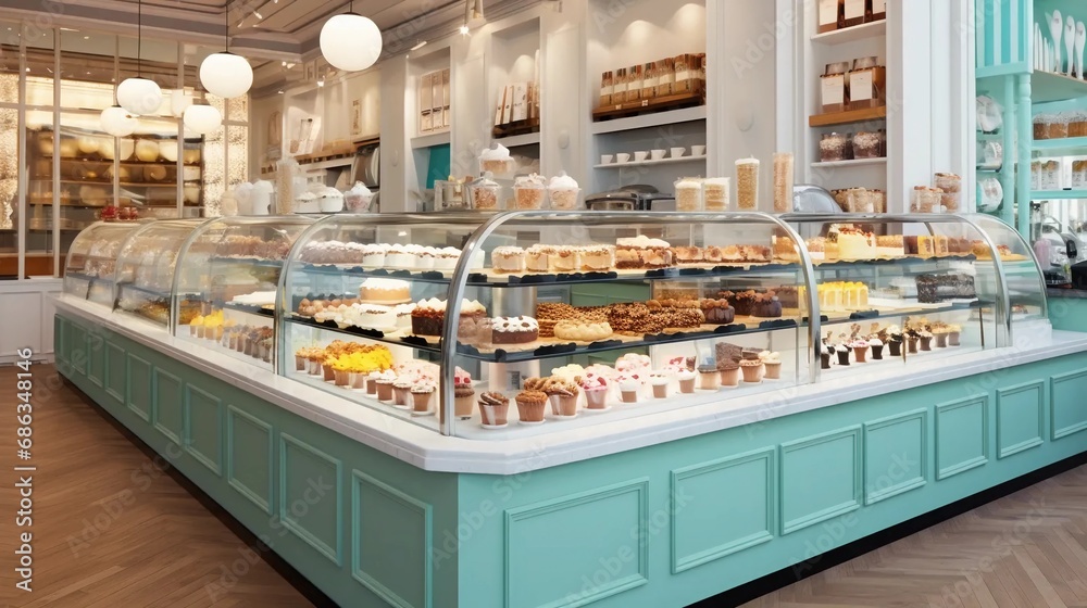 The interior of a modern confectionery or bakery, display case with baked goods, bread, cakes and sweets