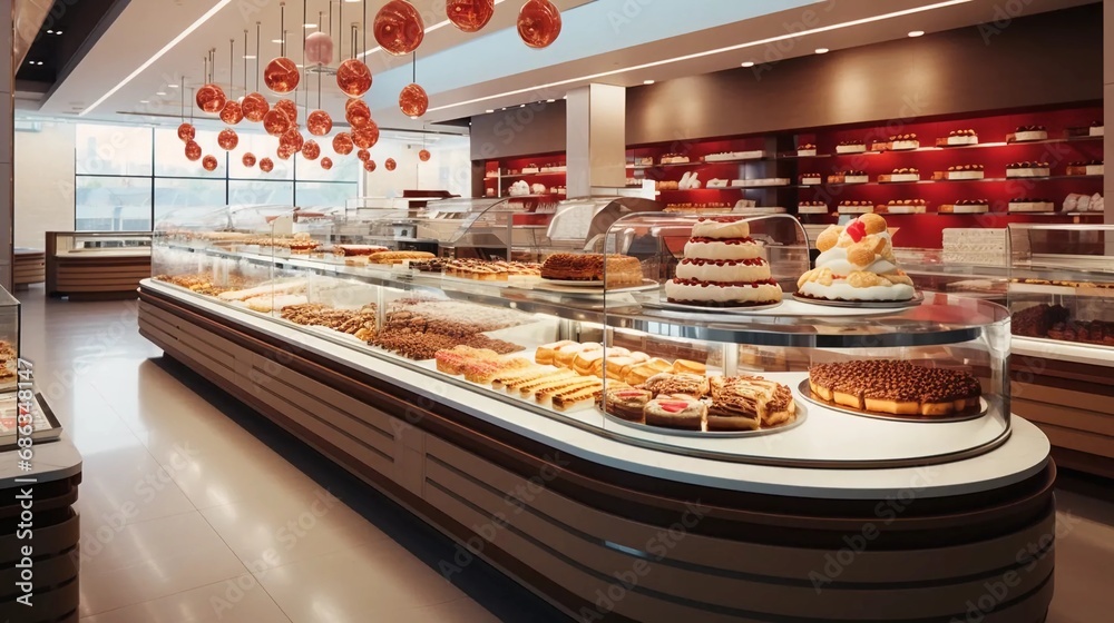 Modern bakery, interior with delicious and fresh products from the baker