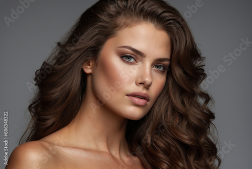 A Beautiful Woman with Brown Hair On A Gray Background