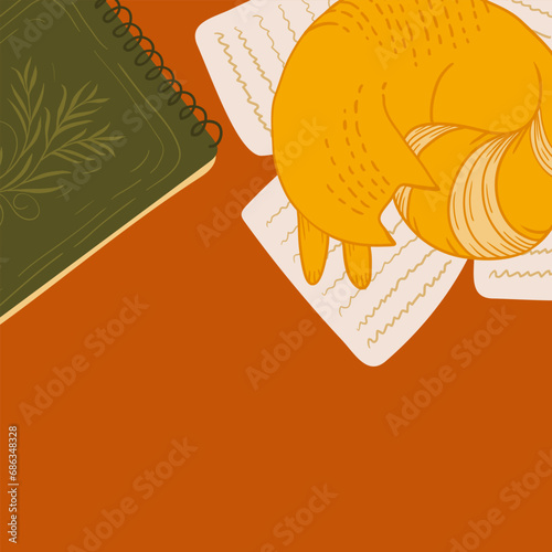background for text with desktop. workplace with sleeping cat, notepad and notes. table top in cute style