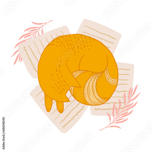 the cat sleeps on paper notes. the writer's red cat. cute cat sticker
