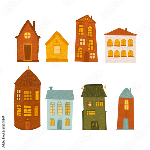 cute colorful houses in Danish style. set of stickers with houses.