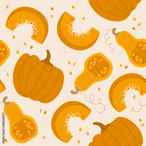 endless pattern with orange pumpkins. whole and cut raki pumpkins laid out on a delicate background
