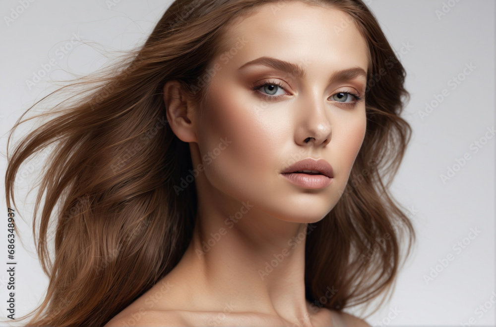 Fototapeta premium A Beautiful Young Woman with Brown Hair On A Light Gray Background