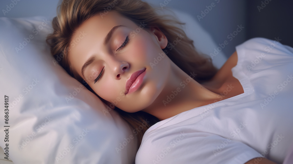 An average woman peacfully asleep on a bed An average woman peacfully asleep on a bed