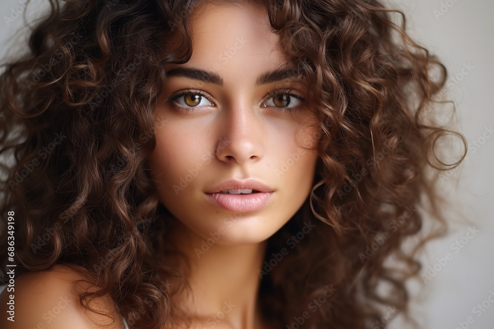 Naklejka premium Close up Woman with dry frizzy and thirsty natural curly hair