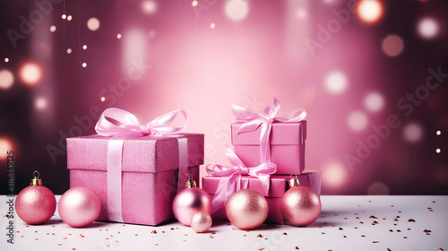 Merry Christmas background with pink and violet festive gift boxes and Christmas balls. Holiday pink Christmas and New Year composition with copy space. © ita_tinta_