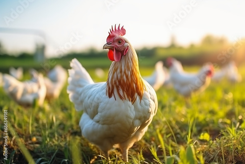 Chicken farming and agriculture on grass field or outdoor for free range eating organic