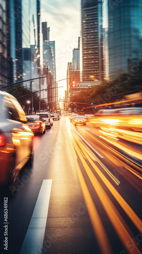 Capture the essence of a busy city street during rush hour with motion blur, shot with a panning technique and a wide-angle lens