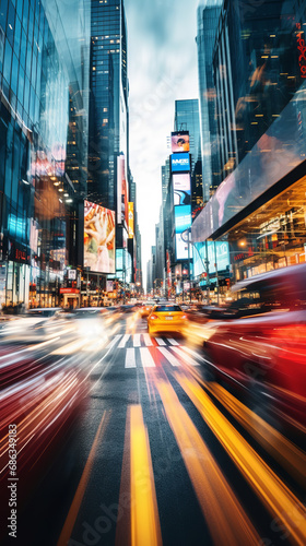 Capture the essence of a busy city street during rush hour with motion blur, shot with a panning technique and a wide-angle lens