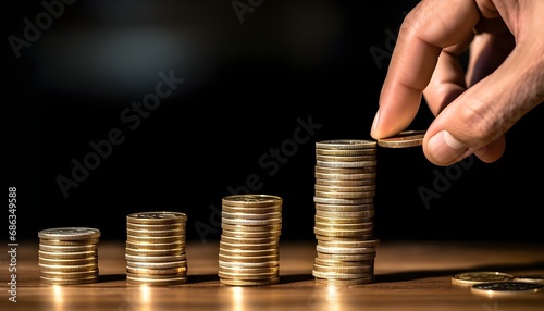 Close-Up of a man's hand placing a coin for savings, concept of financial education and investments
