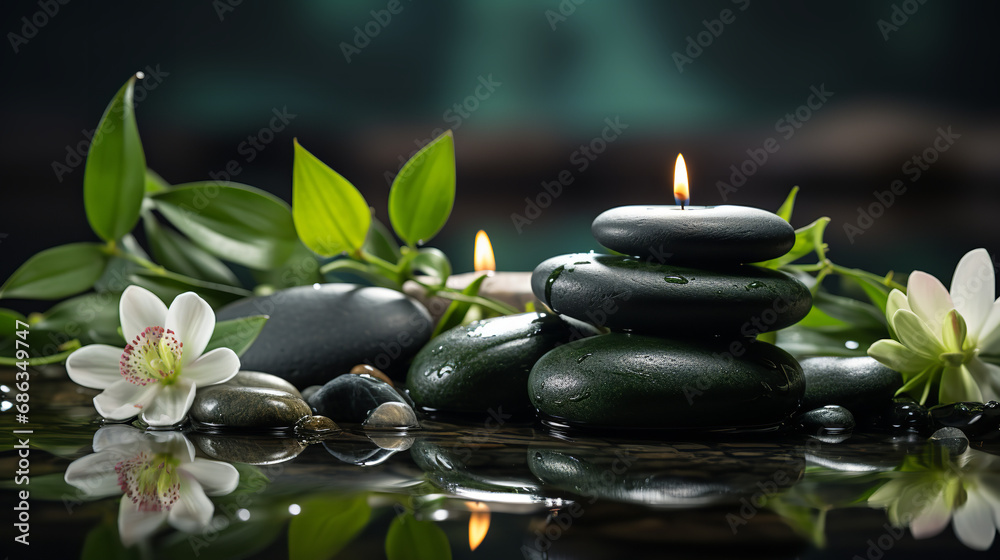 Obraz premium style of serene and peaceful ambiance, dark reflections, tranquil still life, light black and green