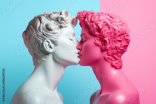 Two male mannequinnes in shape of Greek marble statues with closed eyes kissing each other. Minimal concept of homosexuality, love making, sensuality, gay intimacy. Pink and blue pastel colors. photo