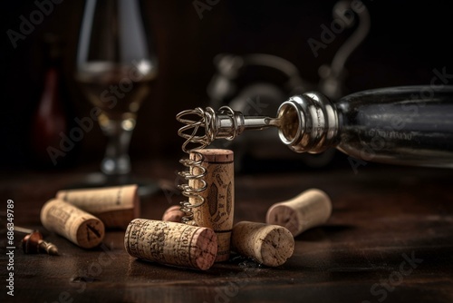 A picture of a corkscrew about to remove the cork from a wine bottle. Generative AI