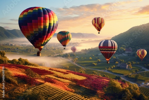 Hot air balloons over a colorful patchwork of fields