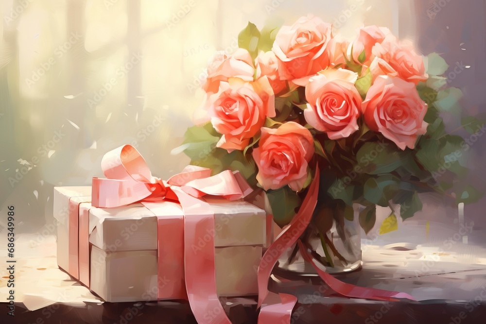 Valentines day gift box and roses bouquet, rendered in impressionism style, copy space , generative ai Valentines day gift box and roses bouquet, rendered in impressionism style, copy space , generative ai
