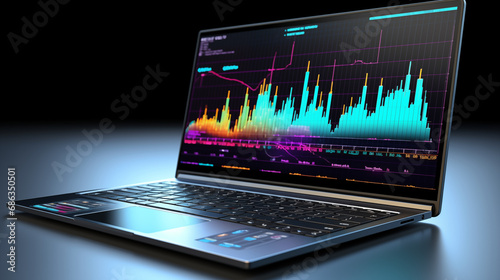 Notebook laptop che visualizza grafico azionario, ritorno profitto finanze applicazione photo