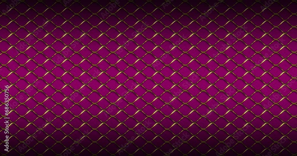 Luxury golden metal Fence Wire Mesh grid Seamless Pattern Background. Luxury Golden curved zig zag wavy lines pattern moving from right to left seamless looped animation over pink color background.